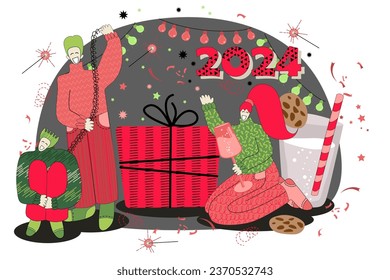 vector illustration on the theme of Christmas and New Year in flat style. Vector illustration with people celebrating New Year in flat style. Christmas 2024