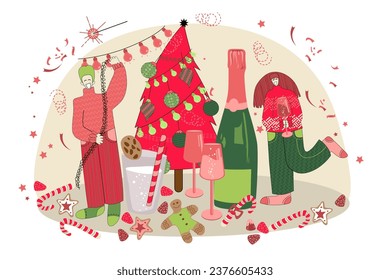Vector illustration on the theme of Christmas and New Year in flat style. Vector illustration with people celebrating New Year in flat style. Christmas 2024