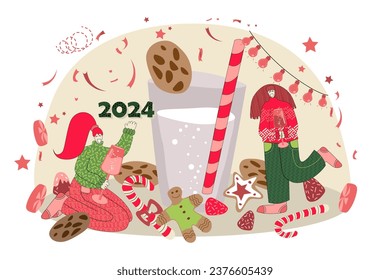 Ilustración vectorial sobre el tema de Navidad y Año Nuevo en estilo plano. Ilustración vectorial con gente celebrando el Año Nuevo de forma plana. Navidad 2024