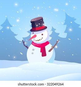 Vector illustration on the theme of Christmas and New year. Snowman, Christmas tree, snow, holidays, winter, happiness, fun, play outdoors. Modern flat design.
