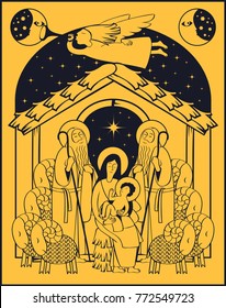 Vector illustration on the theme of christmas and new year. Adoration of the Magi. Holy Family and Christmas angel