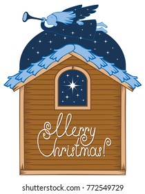 Vector illustration on the theme of Christmas and new year. Angel with a trumpet flying over the roof of the house and the Christmas star