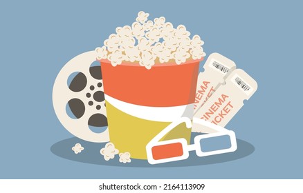 Vektorgrafik zum Thema Kino. Popcorn, 3D-Brille, Filmrolle, Filmtickets