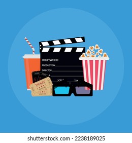 Vector illustration on the theme of the cinema. Ticket, popcorn, soda, glasses.