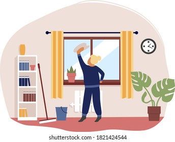 Vector illustration on the theme of cleaning. The girl washes the window. Wash the floor, clean the apartment. Cleaning.