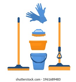 vector illustration on the theme of cleaning with mops and detergents. Set of cleaning tools