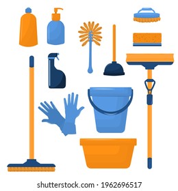 vector illustration on the theme of cleaning with mops and detergents. Set of cleaning tools