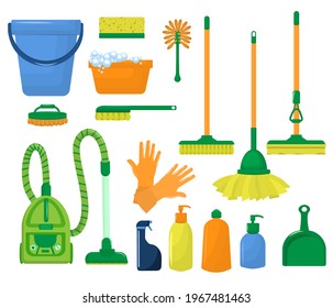 vector illustration on the theme of cleaning with different types of vacuum cleaners, mops and detergents. Set of cleaning tools