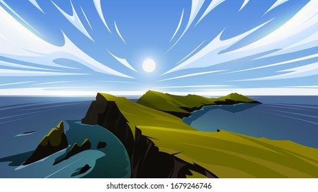 Ilustración vectorial sobre el tema de Escalada, Trekking, Senderismo, Caminata. Deportes, Camping, recreación al aire libre, aventuras en la naturaleza, vacaciones.Increíble paisaje montañoso.  Península y mar.