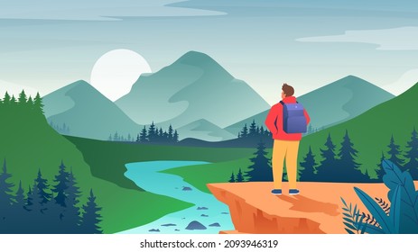 vector illustration on the theme of Climbing, Trekking, Hiking, Walking. Sports, outdoor recreation, adventures in nature, vacation. Wanderlust. Downshifting. Modern flat design