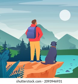 vector illustration on the theme of Climbing, Trekking, Hiking, Walking. Sports, outdoor recreation, adventures in nature, vacation. Wanderlust. Downshifting. Modern flat design