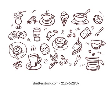 Vector  illustration on the theme of coffee and desserts, coffee time collection in doodle style.Coffeeshop collection drawn hand.