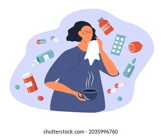 vector illustration on the theme of common cold, treatment in flat style. the girl blows her nose into a handkerchief and holds a cup of hot tea. around her - pills, drops, tablets, vitamins, lemon