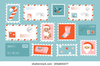 vector illustration on the theme of congratulations merry christmas. set of stamps and envelopes with Christmas patterns. trend illustration in flat style