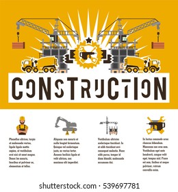 Vector illustration on the theme of a construction site. Icons of tools, equipment, worker, technology. Template for text. Banner with the production of information. Advertising company. Flat style 