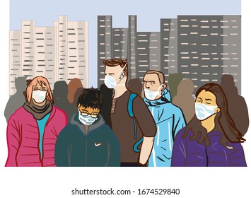 ilustración vectorial sobre el tema del coronavirus. personas de diferentes nacionalidades en máscaras médicas en la ciudad contra el telón de fondo de rascacielos. multitud de personas infectadas con coronavirus. Chino 