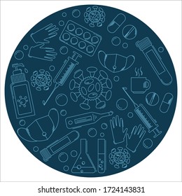 Vector illustration on the theme of coronavirus. In the form of a circle are the image of medical items - gloves, thermometers, test tubes, tablets and more
