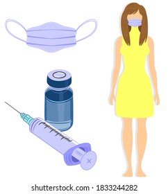 Vector illustration on the theme of the coronavirus pandemic. Image of a girl in an individual protection mask, a syringe and a vial with a virus vaccine and a medical mask