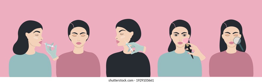 ilustración vectorial sobre el tema de la cosmetología, el cuidado de la piel y el maquillaje. grupo de varias chicas. las niñas se inyectan, maquillan, examinan su piel. ilustración plana para sitios web, revistas y aplicaciones