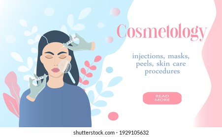 vector illustration on the theme of cosmetology, skin care. girls inject, examine her skin. the inscription "cosmetology". banner for the site. flat illustration for magazines, applications