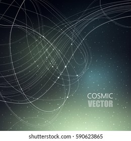 Vector illustration on the theme of cosmos, astronomy, constellation, data transmission. Structure of white curve intersecting thin lines on dark cosmic gradient mesh background with shining points.