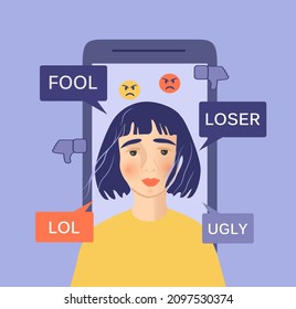 vector illustration on the theme of cyber bullying. crying girl. behind her is a smartphone from the screen of which curses and negativity are flying. trend illustration in flat style