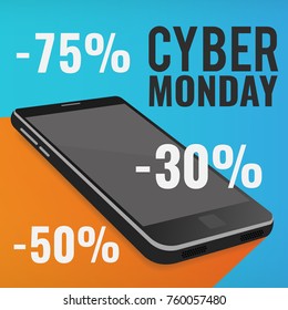 Vector illustration on the theme Cyber Monday Day. A template with a smartphone for your business ideas.
