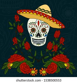 Vector illustration on the theme - Day of the Dead. Decorated with colored lines of a human skull, roses, sombrero on his skull, dark background