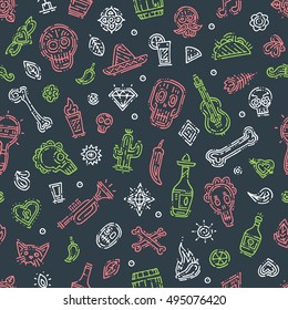 Vector illustration on the theme of day of the death. Creepy holiday pattern with different elements, skulls, tequila, pepper, bones. Autumn holiday. Season Mexican holiday. Hand drawn elements icons.