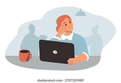 Una Ilustración vectorial sobre el tema de soñar despierto en el trabajo, la distracción, el escapismo y el sueño diurno. Una chica se sienta en una oficina frente a una computadora y sueña.