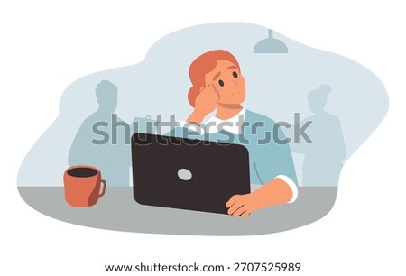 A vector illustration on the theme of daydreaming at work, absentmindedness, escapism, and day dreaming. A girl sits in an office in front of a computer and dreams.
