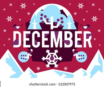 Vector illustration on the theme of December. Designed for printing, postcards, calendars, notebooks, diary. Snowflakes and stars, bullfinch, berries. Snowy mountains. Winter season.