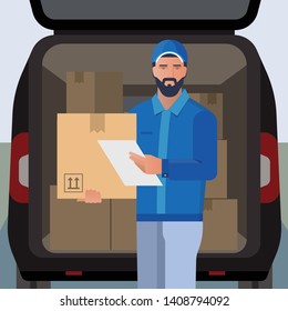 Vector illustration on the theme of delivery with the image of a bearded delivery man courier on the background of boxes in a delivery minibus.