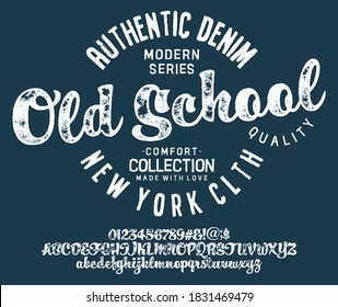 Vector illustration on the theme of denim, raw and jeans in New York City. Vintage design. Grunge background. Typography, t-shirt graphics, print, poster, banner, flyer, postcard.Handmade Vintage Font