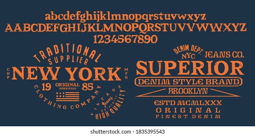 Ilustración de vectores sobre el tema del denim, crudo y vaquero en la ciudad de Nueva York. Diseño de época. Borde de fondo. Tipografía, gráficos de camisetas, impresión, afiche, pancarta, volante, postal.