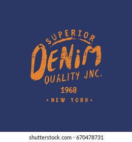 Vector illustration on the theme of denim, raw and jeans. The New York City. Vintage design. Grunge background. Stamp typography, t-shirt graphics, print, poster, banner, flyer, postcard