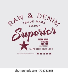 Vector illustration on the theme of denim, raw and jeans in New York City. Vintage design. Grunge background. Stamp typography, t-shirt graphics, print, poster, banner, flyer, postcard