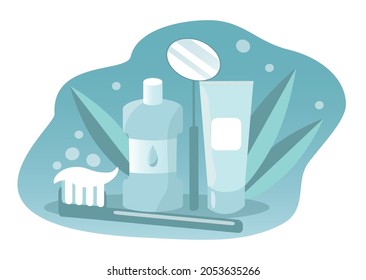vector illustration on the theme of dentistry, dental and oral care. Toothpaste. toothbrush, dental mirror, mouthwash. trend illustration in flat style
