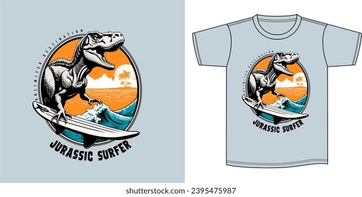 Vector illustration on the theme of dinosaur dino surfer surfing. Design for fashion surfwear t-shirt . Silkscreen.