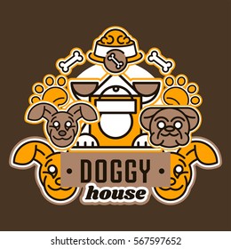 Vector illustration on the theme of dogs. Heads of dogs made in a line style. Kennel for the dog, food bowl, bone, paw trail. Flat style 