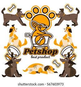 Vector illustration on the theme of dogs. Logo dog in a supermarket trolley. Pets in different poses, isolated objects. Collar. Bone. Flat style 