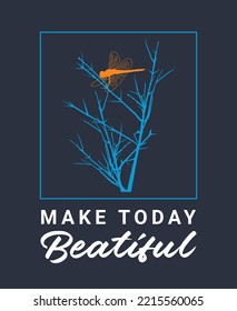 Vector illustration on the theme of dragonfly. Natural dragonfly on leafless branch . Dragonfly on tree. Stump typography, t-shirt graphics, print, poster, banner, flyer, postcard
