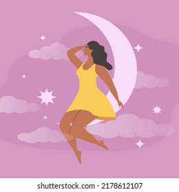 vector illustration on the theme of dreams, fantasies, good sleep. a young woman sits on a crescent surrounded by stars and clouds