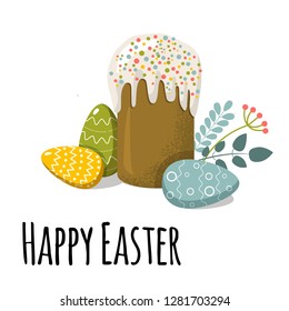Vector illustration on the theme of Easter with cake, eggs and rabbit ears cartoon style. Used for banner, cards, greetings, posters