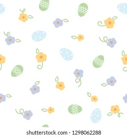 Vector illustration on the theme of Easter in delicate colors. Seamless texture on white background with Easter eggs.