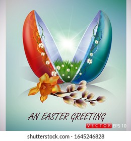 Vector illustration on the theme of the Easter holiday, Easter card egg is chopped in half EPS 10