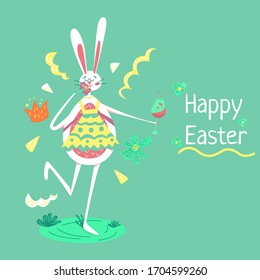 Vector illustration on the theme of Easter, a happy Easter bunny rejoices to the holiday with a glass in his hand, Happy Easter