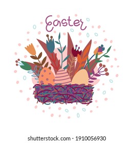 Vector illustration on the theme of Easter. Flowers in a goat with colored eggs. For poster and congratulation..