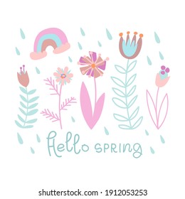 Vector illustration on the theme of Easter in pastel colors. Decorative flowers with rainbow and hello spring lettering. Poster, postcard, congratulations.