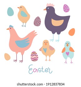 Vector illustration on the theme of Easter in pastel colors. Colored eggs decorated with grass and flowers with the inscription Easter. Poster, postcard, congratulations.